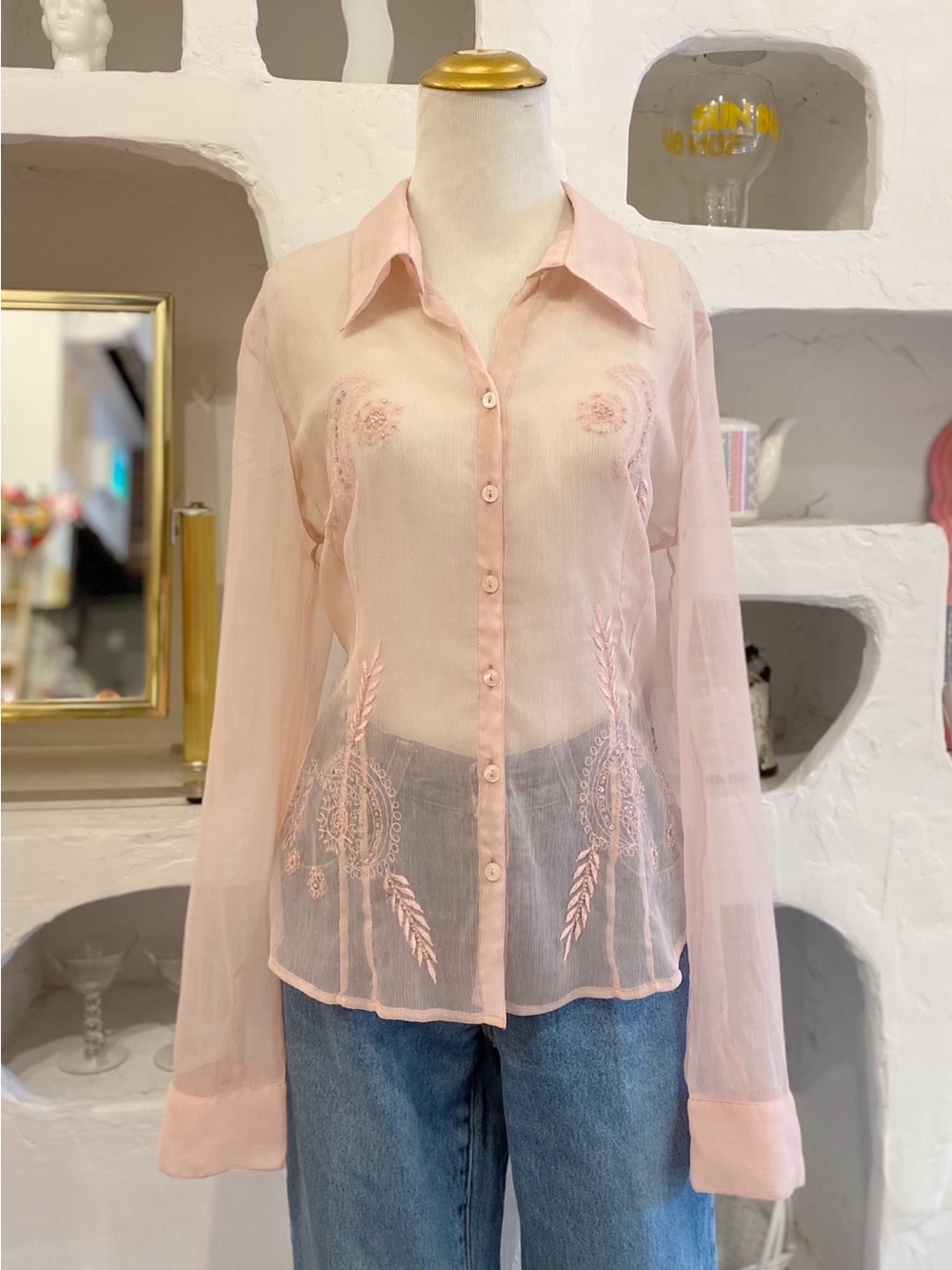 Y2K Vintage Sheer Pink Embroidered Button-Up Blouse with Sequin & Beaded Details